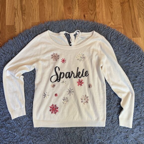 New York & Company Sweaters - New York & Company Cream Sparkle Sequin Holiday Sweater Size L
